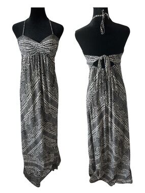 Robin Piccone Beach Black and White Boho Print Halter Maxi Dress 1